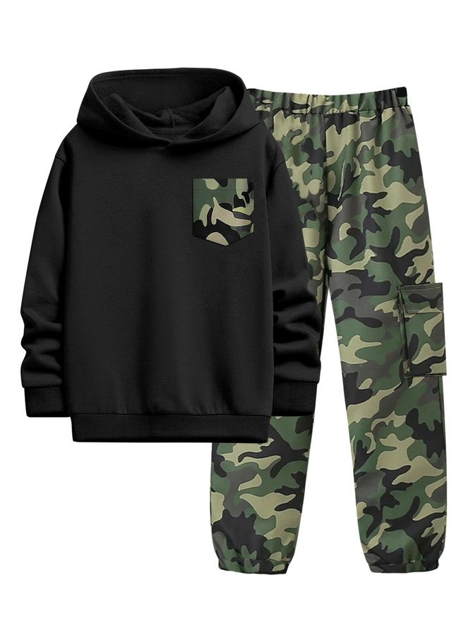 KANGKANG Boys Clothes Size 8 Size 7, Kids Clothing Two Piece Hooded Sweatshirt Top and Camouflage Sweatpants with Side Big Cargo Pocket Kids Fall Outfits Winter Outfits Set - Image 1